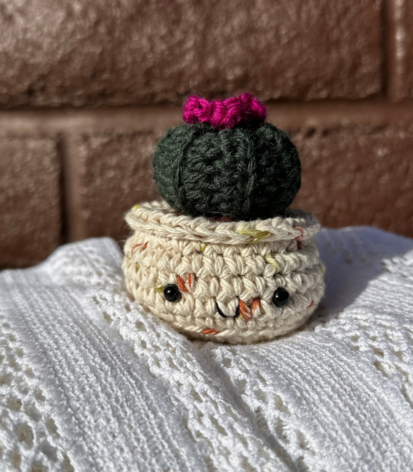 Crochet Cactus Baby Barrel in Sandy Pot with Forest Color