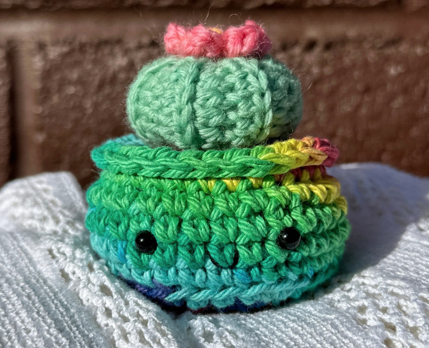 Crochet Cactus Baby Barrel in Rainbow Pot with Mint Color