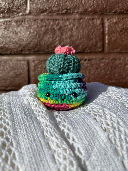 Crochet Cactus Baby Barrel in Rainbow Pot with Thyme Color