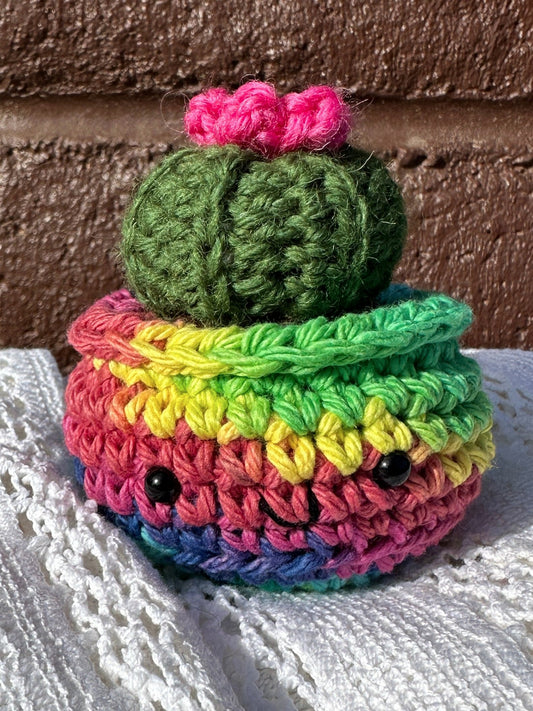 Crochet Cactus Baby Barrel in Rainbow Pot with Kale Color