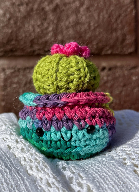 Crochet Cactus Baby Barrel in Rainbow Pot with Lime Color