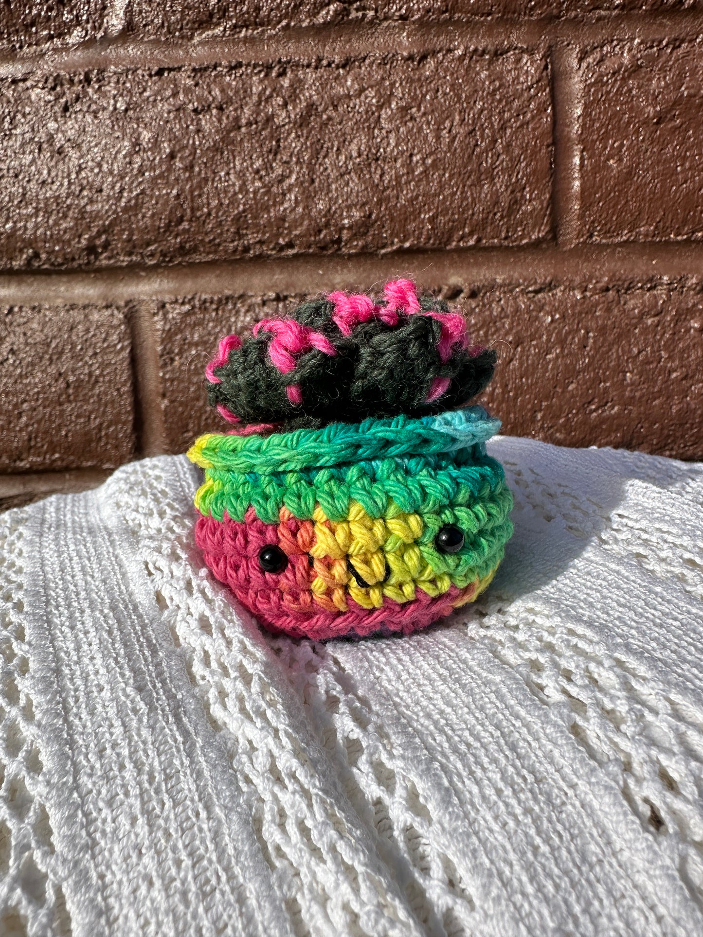 Crochet Cactus ;Succulent in Rainbow Pot with Forest Color
Artist: Claire Pearson

These crochet succulents are the perfect squishy companion for any cacti enthusiast

No light or sun requirements necessary- simply squish, place, and enjoy

All cactus are meticulously handmade with a combination of wool and cotton fibers

The faces of these cacti feature safety eyes which may present a choking hazard in small children, supervision advised

2" tall x 2 1/2" wide x 2"

