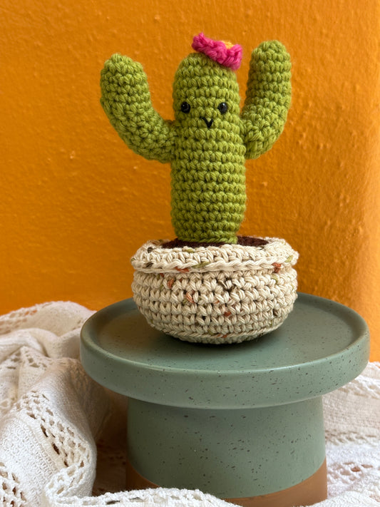 Crochet Cactus Lime Saguaro Cactus With Rosy Flower in Terracotta Pot