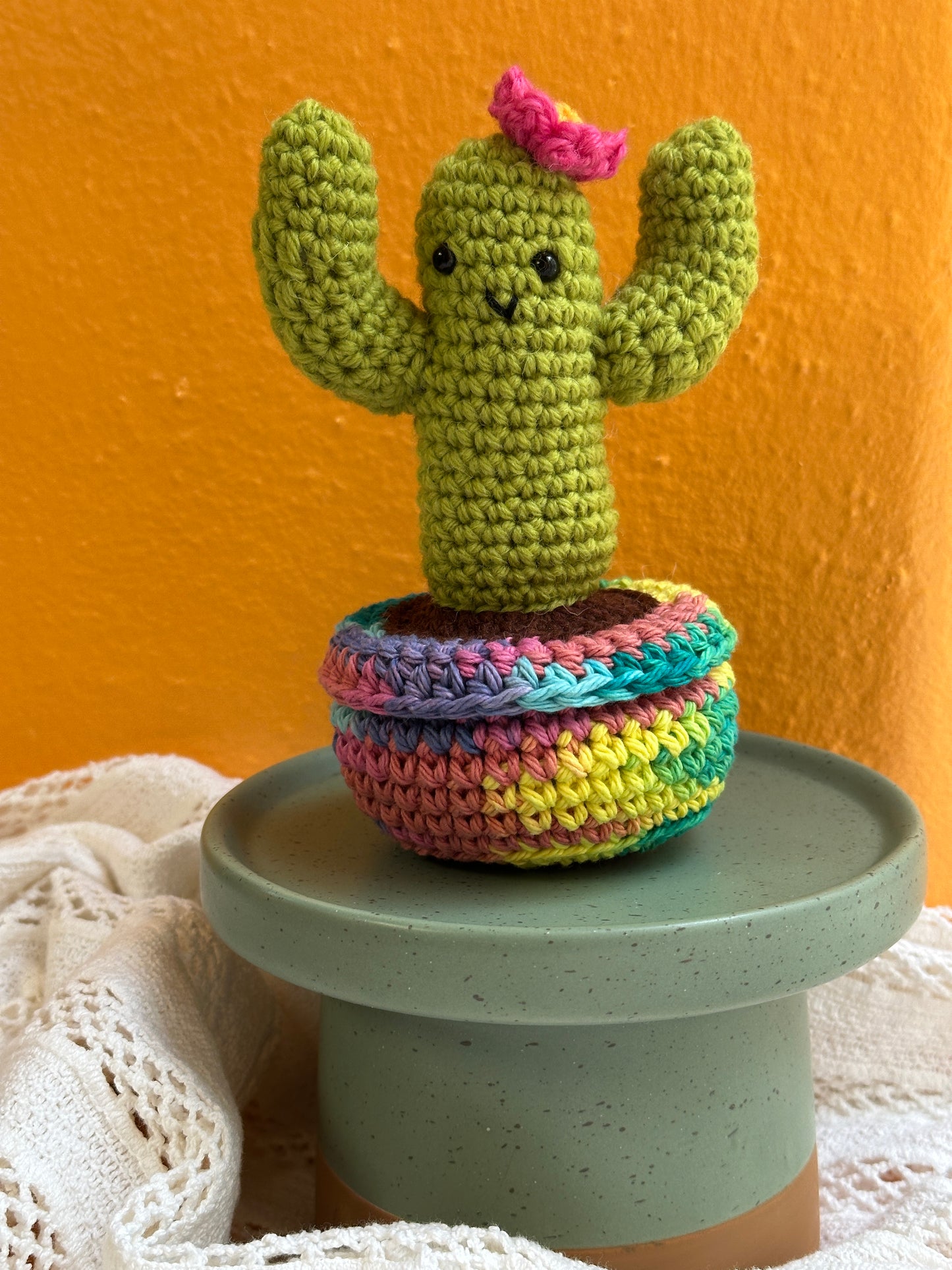 Crochet Cactus Lime Saguaro Cactus With Rosy Flower in Rainbow Pot