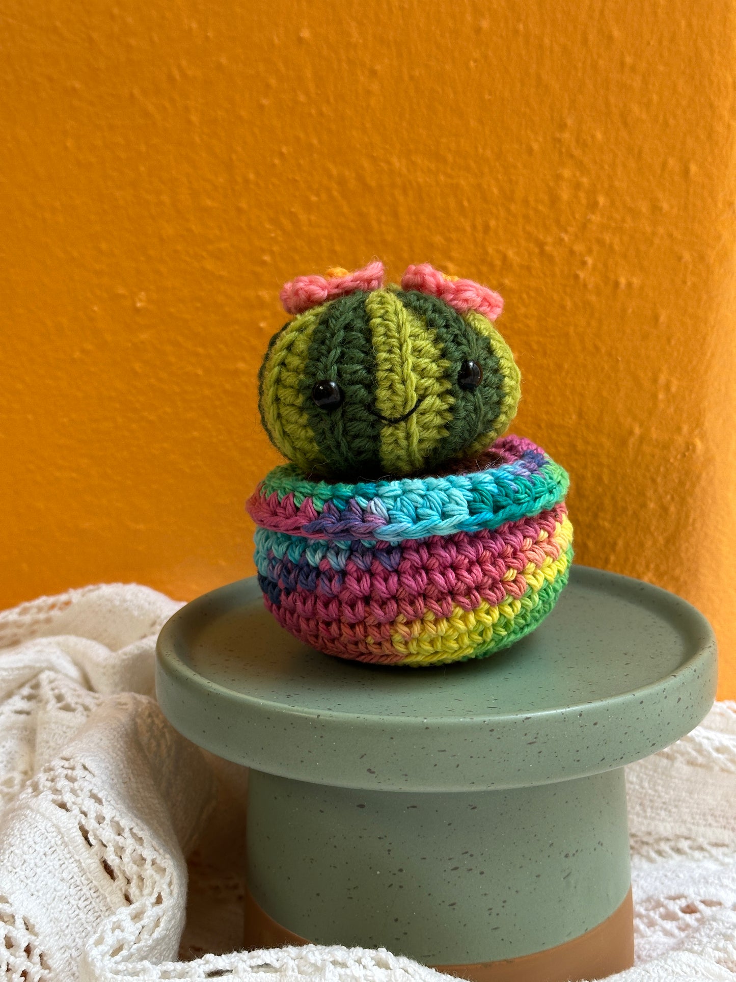 Hand Crochet Lime and Kale  Barrel Cactus with Coral Flower in Rainbow Pot