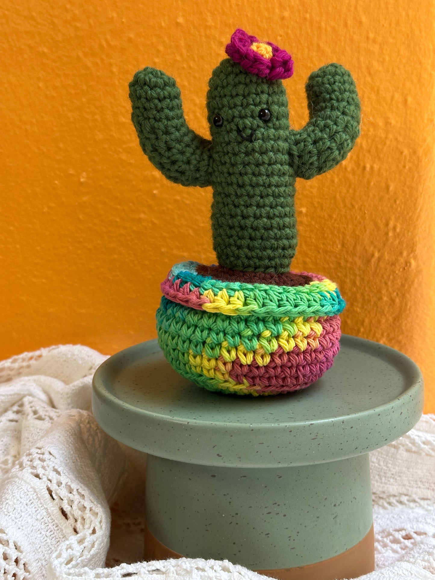 Crochet Cactus Kale Saguaro Cactus With Orchid Flower in Rainbow Pot