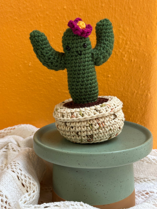 Crochet Cactus Kale Saguaro Cactus With Orchid Flower in Terracotta Pot