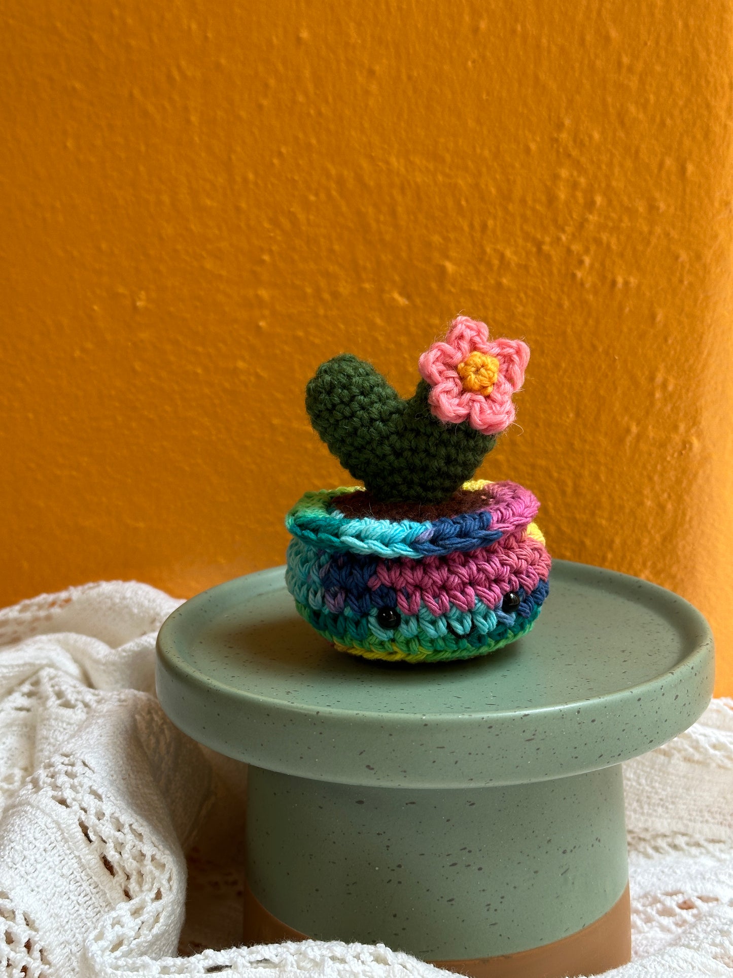 Mini Heart Crochet Cactus in Rainbow Pot with Kale Color