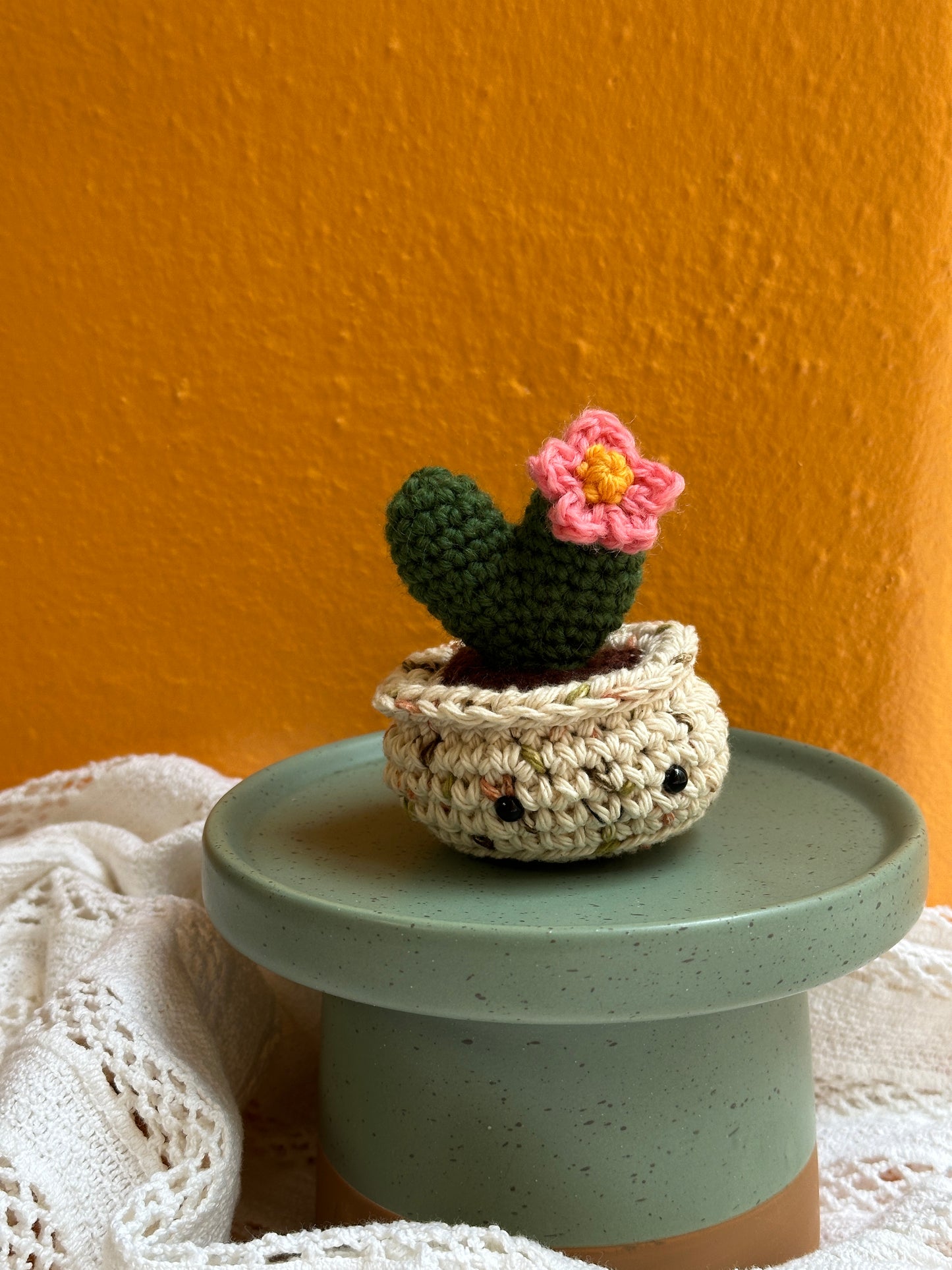 Mini Heart Crochet Cactus in Terracotta Pot with Kale Color