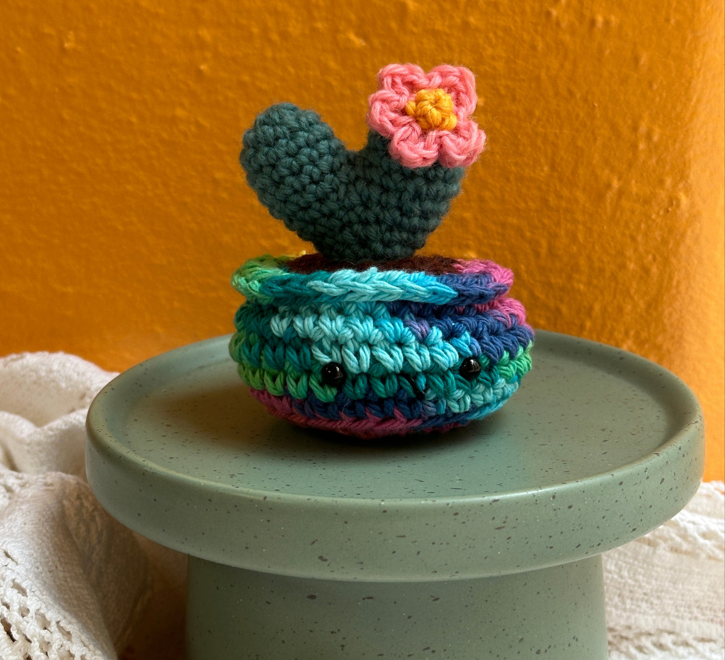 Mini Heart Crochet Cactus in Rainbow Pot with Thyme Color