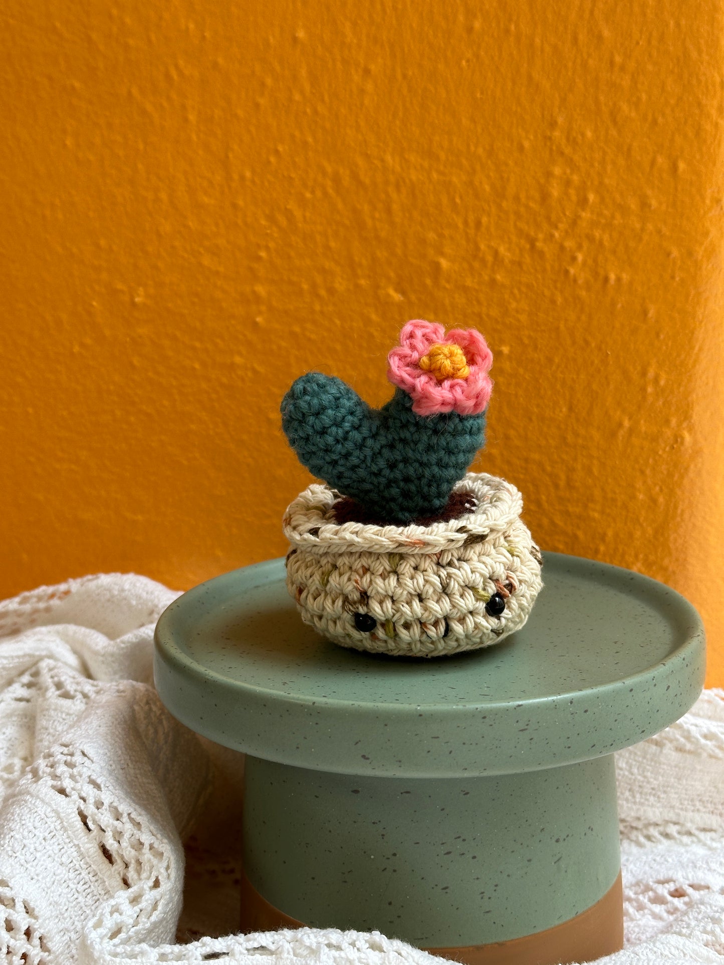 Mini Heart Crochet Cactus in Terracotta Pot with Thyme Color