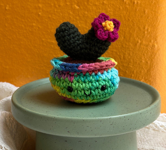 Mini Heart Crochet Cactus in Rainbow Pot with Forest Color