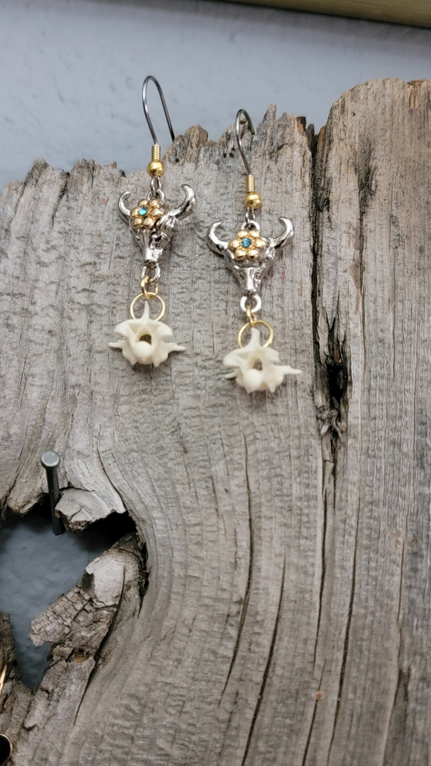 Steer Head Charm with Rattlesnake Vertebrae Earrings