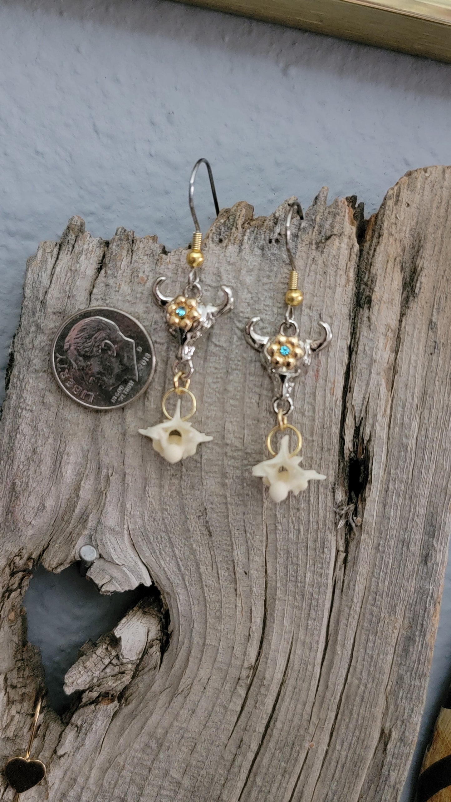 Steer Head Charm with Rattlesnake Vertebrae Earrings