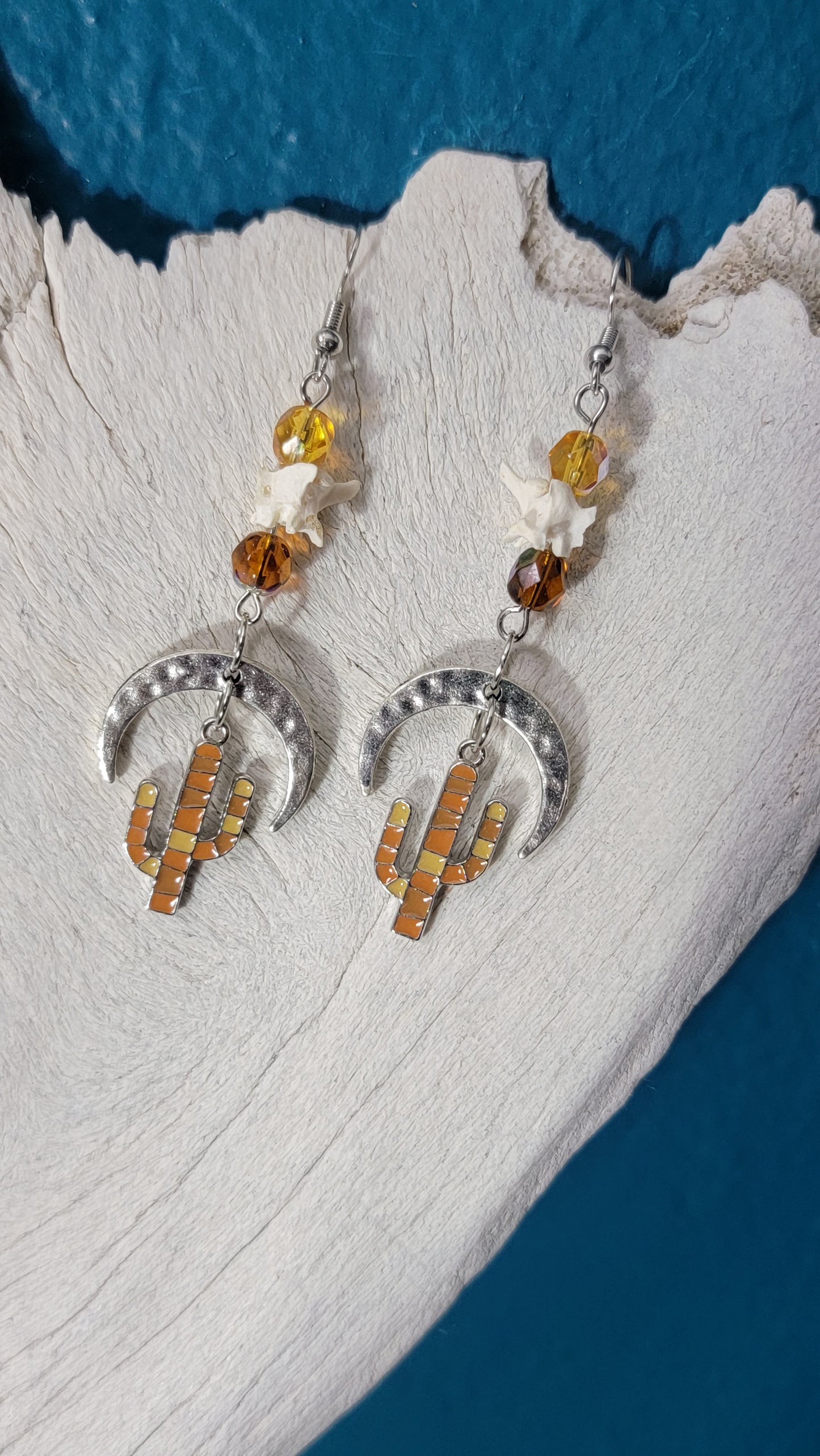 Crescent Moon and Cactus with Rattlesnake Vertebrae Earrings