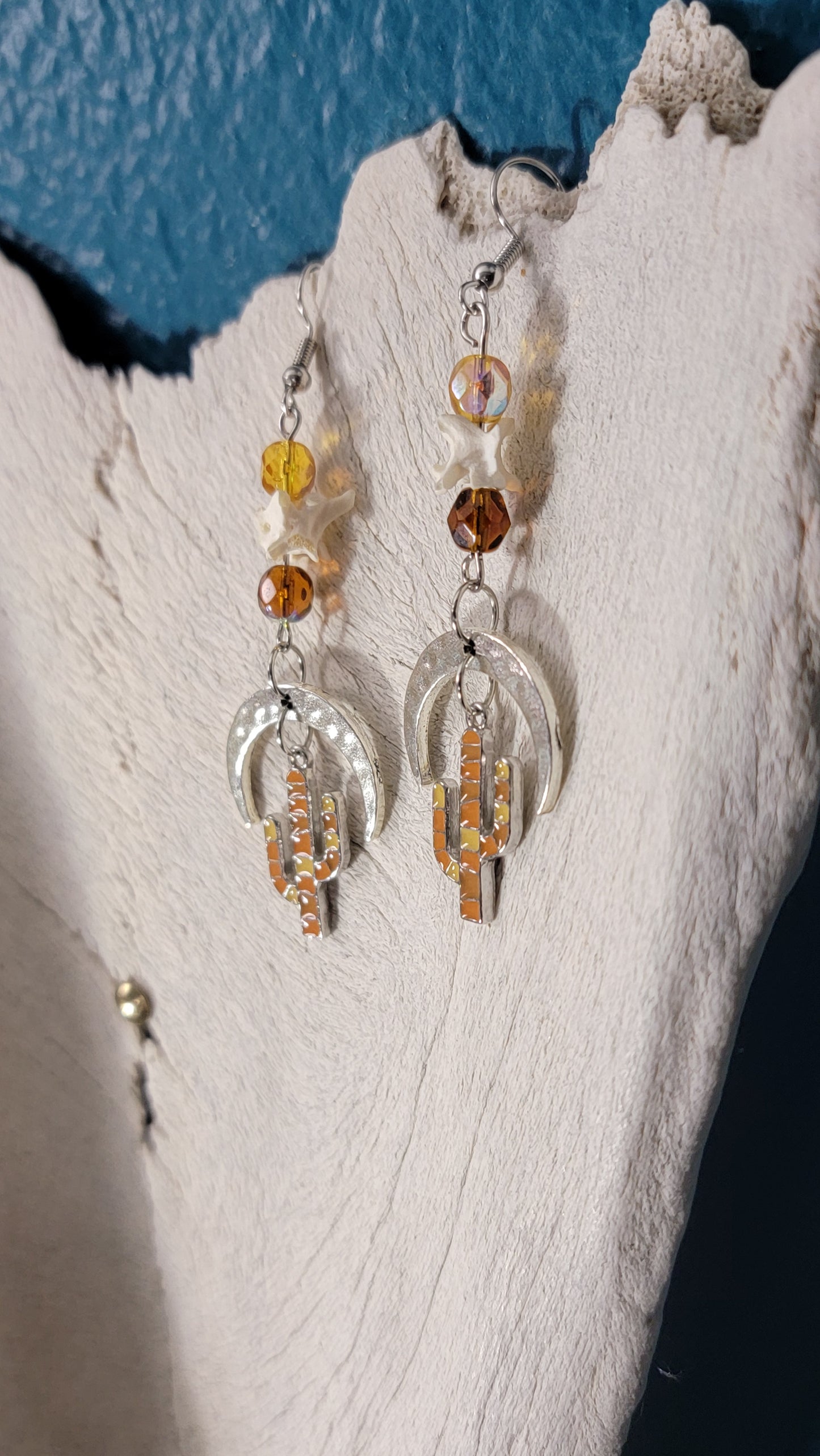 Crescent Moon and Cactus with Rattlesnake Vertebrae Earrings