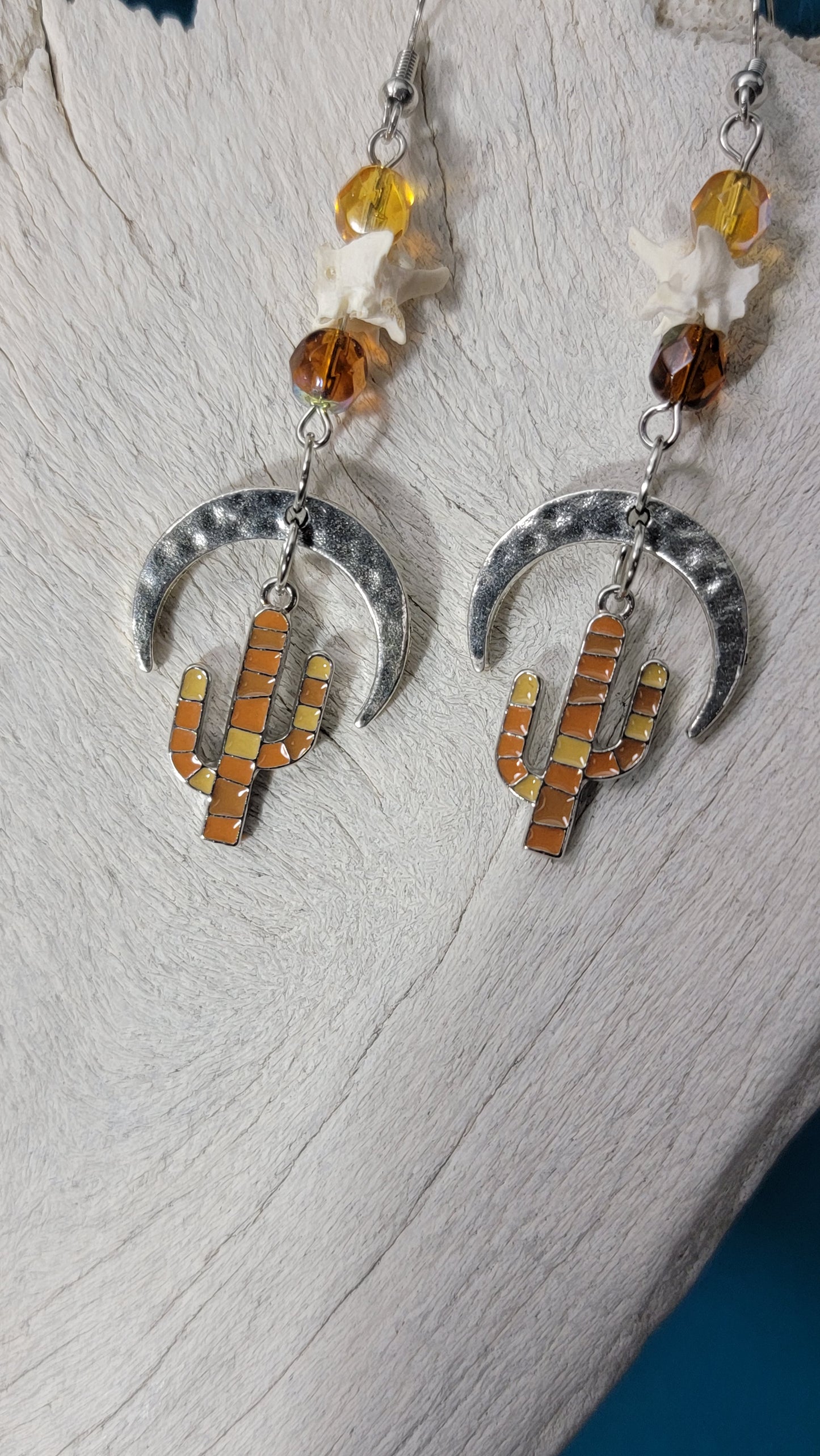 Crescent Moon and Cactus with Rattlesnake Vertebrae Earrings