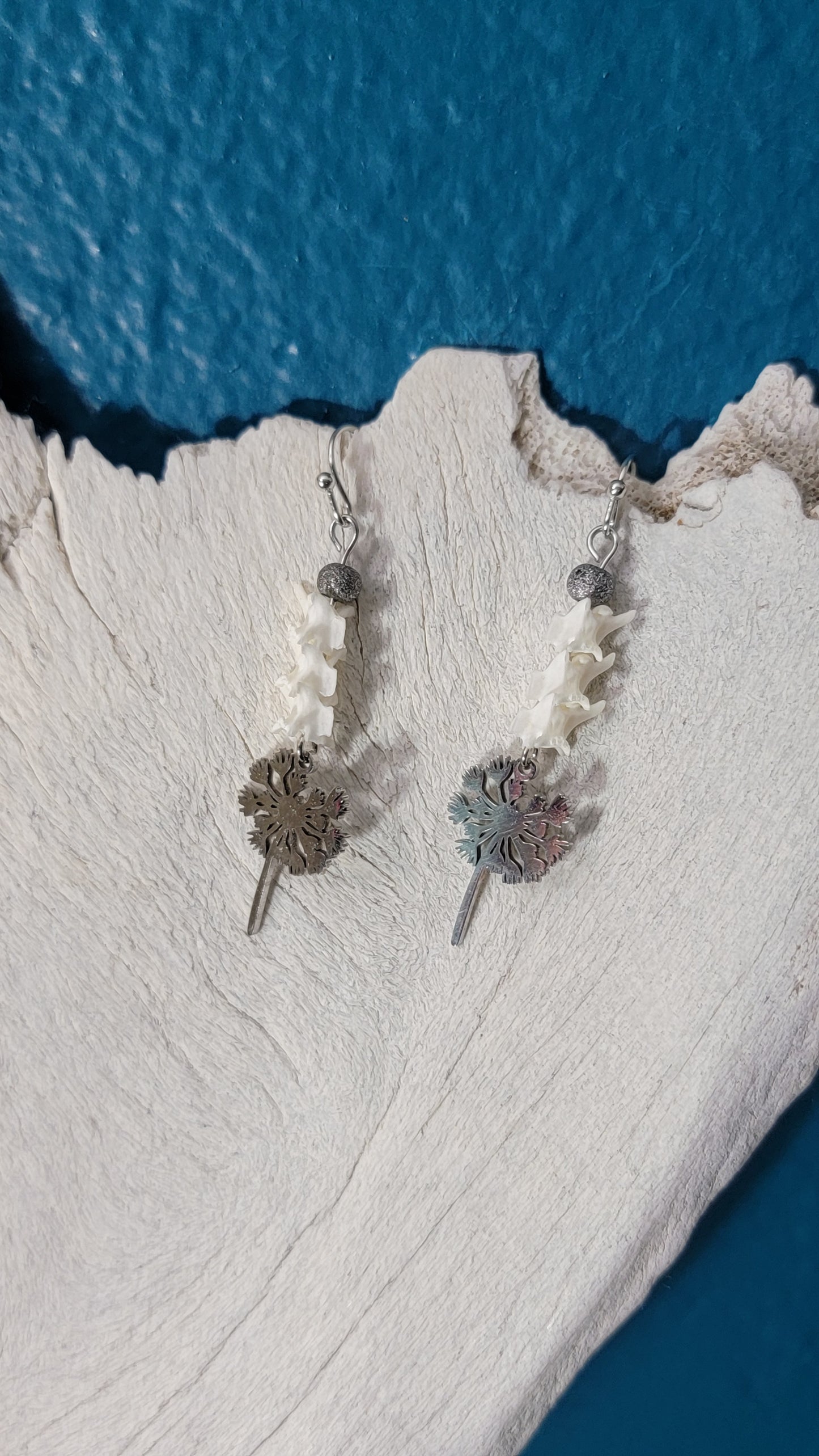 Dandelion Puff Ball with Rattlesnake Vertebrae Earrings