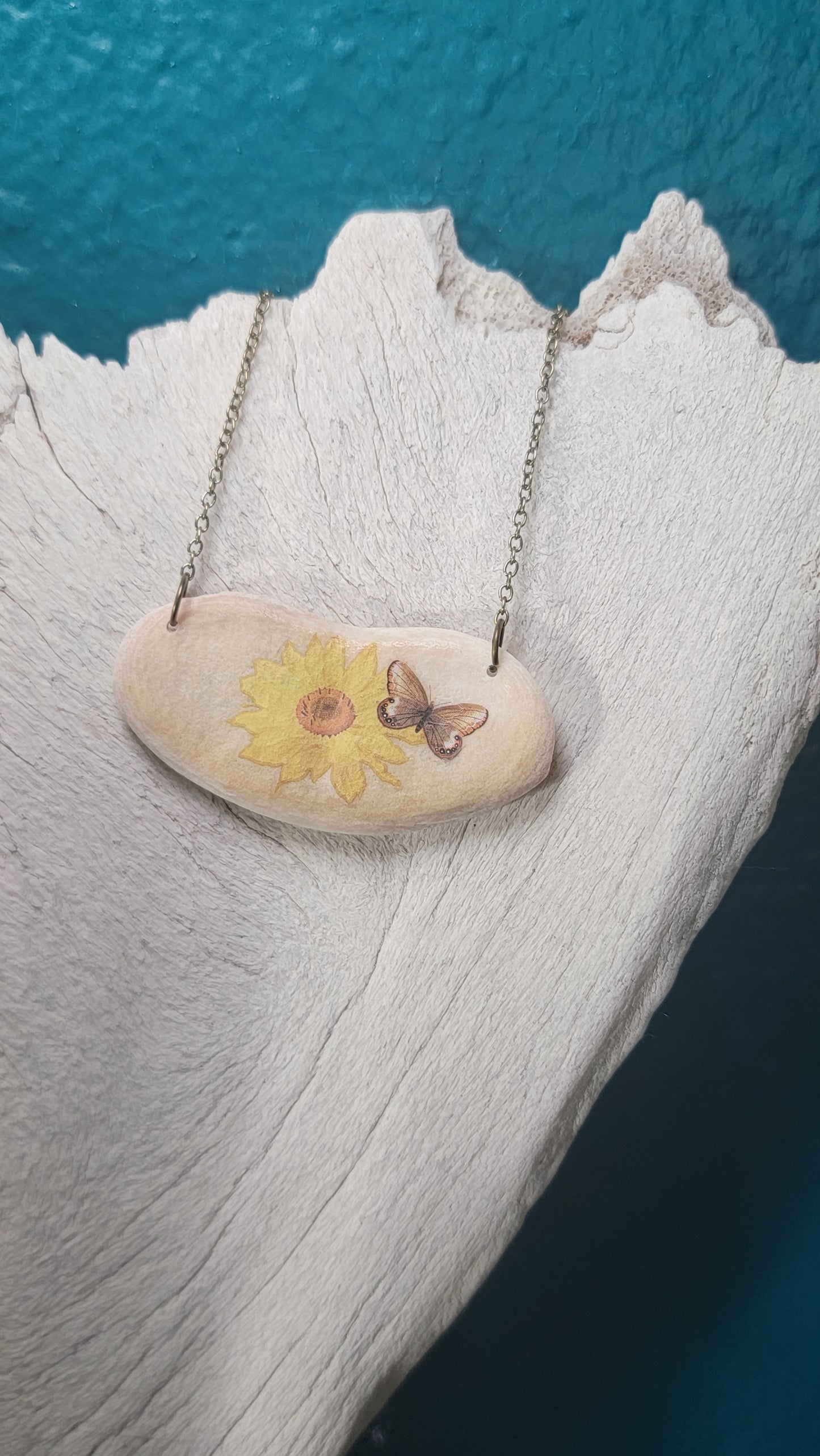 " Deer Heart Bone with Sunflower and Butterfly" Necklace