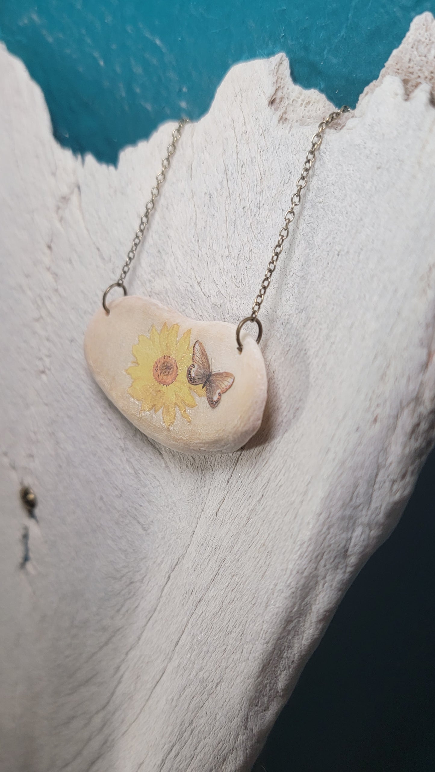 " Deer Heart Bone with Sunflower and Butterfly" Necklace