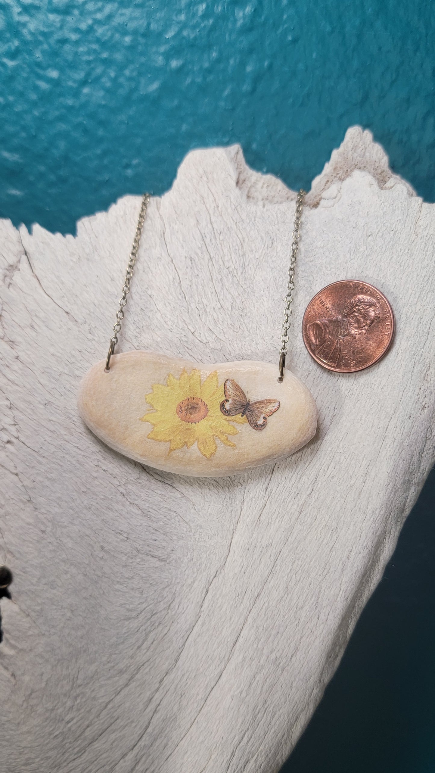 " Deer Heart Bone with Sunflower and Butterfly" Necklace