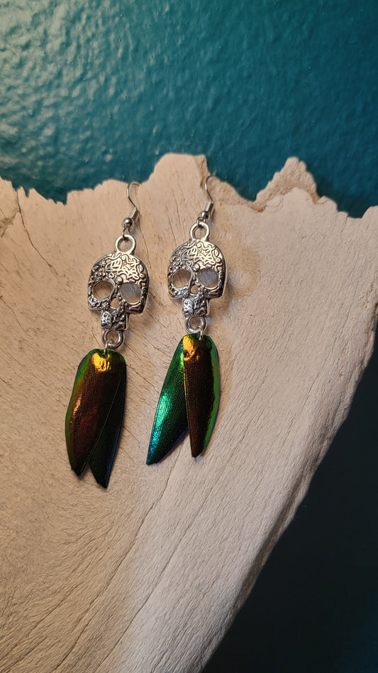 Beetle Wings with Silver Skulls