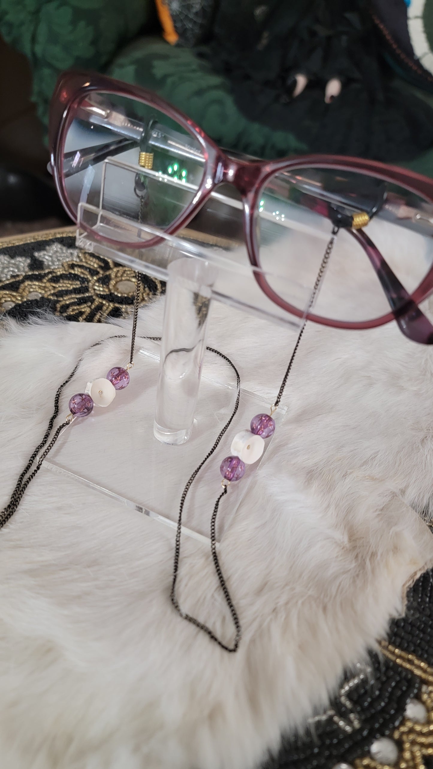 " Fish Bone Beads with Purple " Eye Glasses Chain