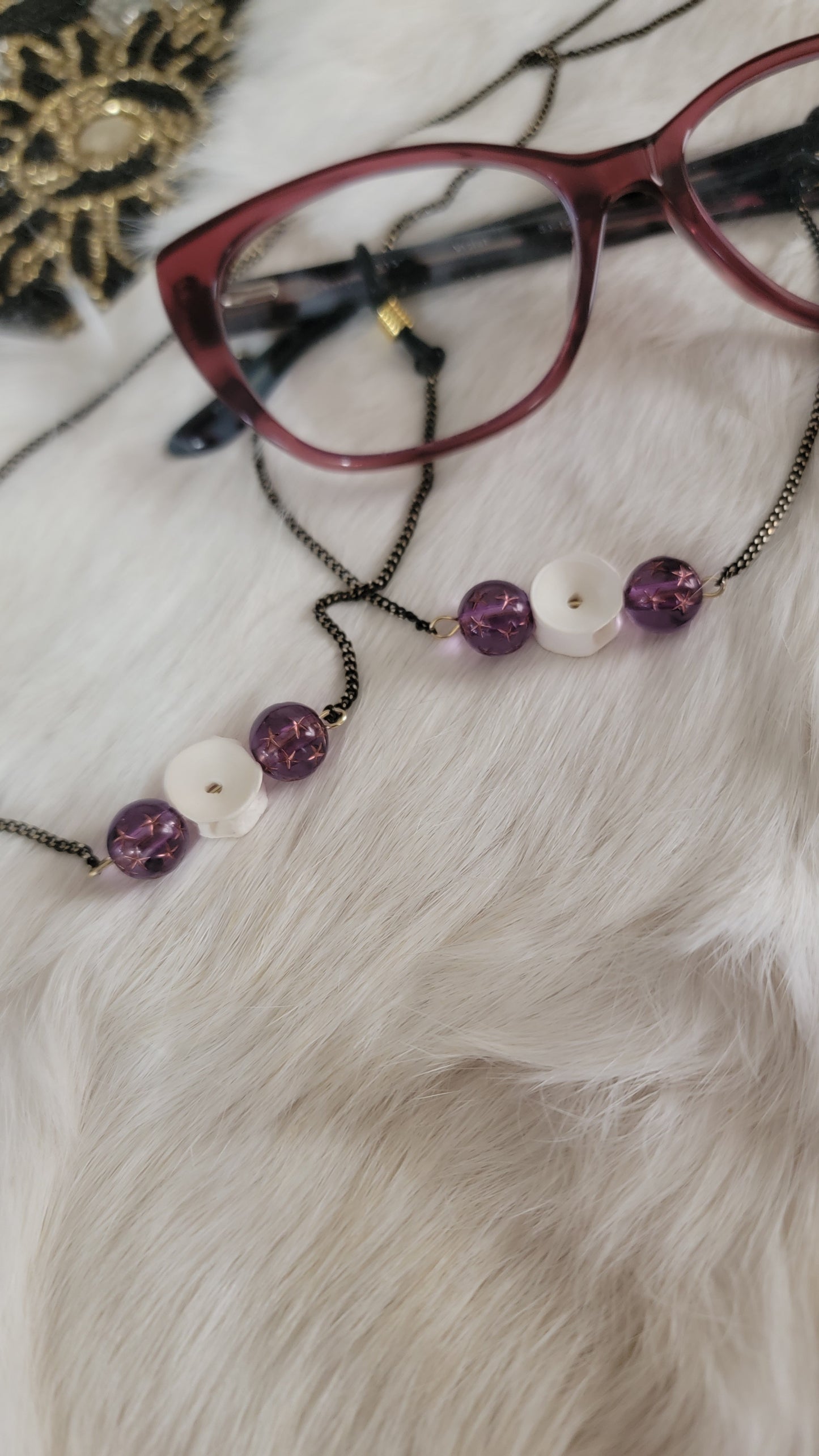 " Fish Bone Beads with Purple " Eye Glasses Chain