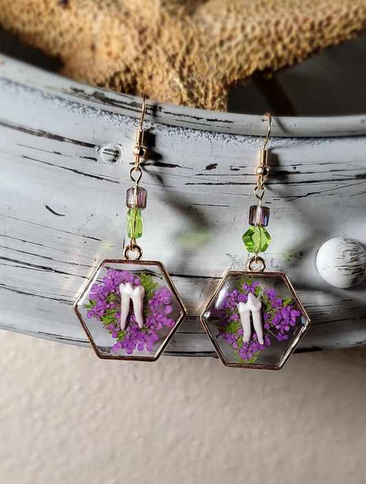 Raccoon Teeth with Purple Floral Earrings