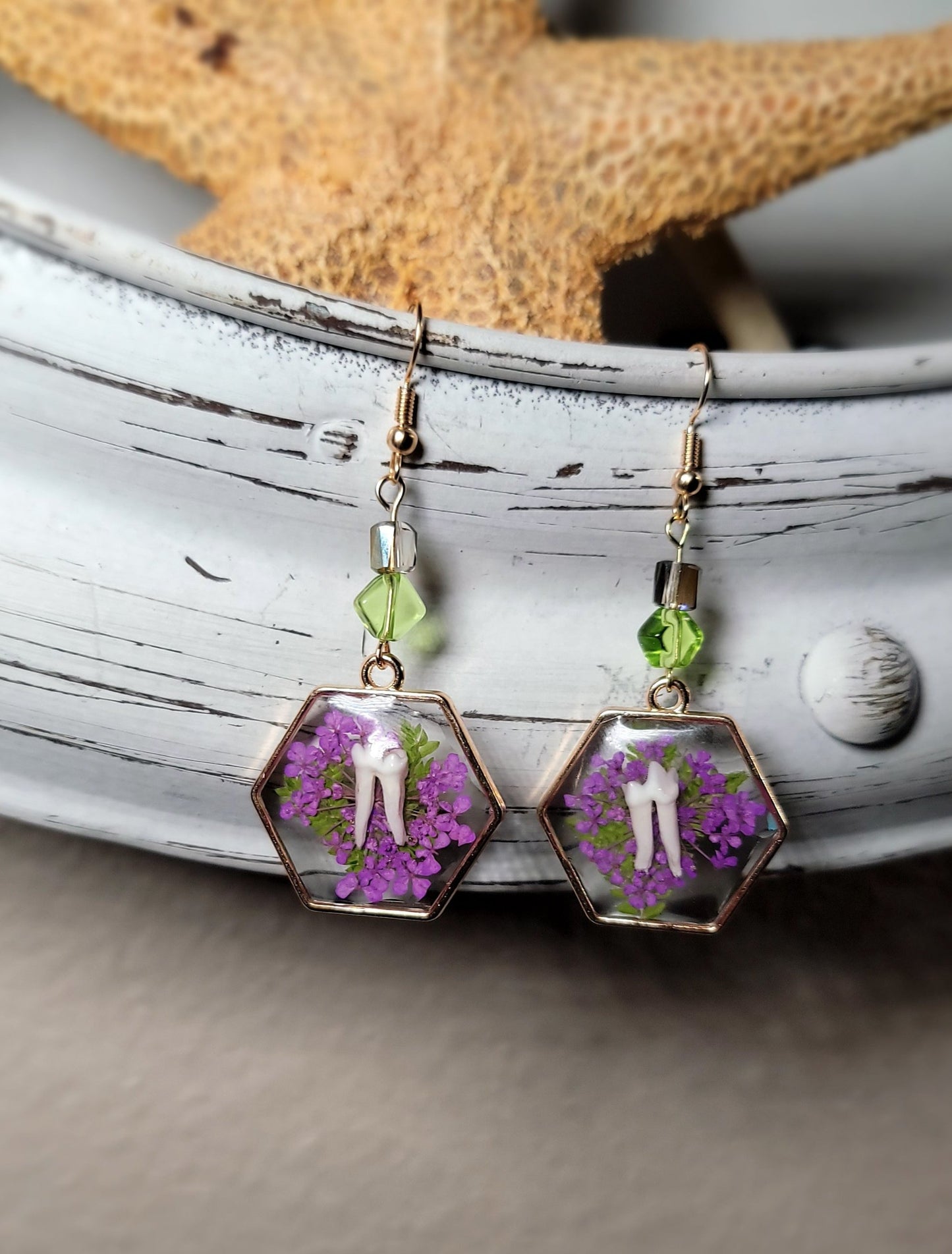 Raccoon Teeth with Purple Floral Earrings