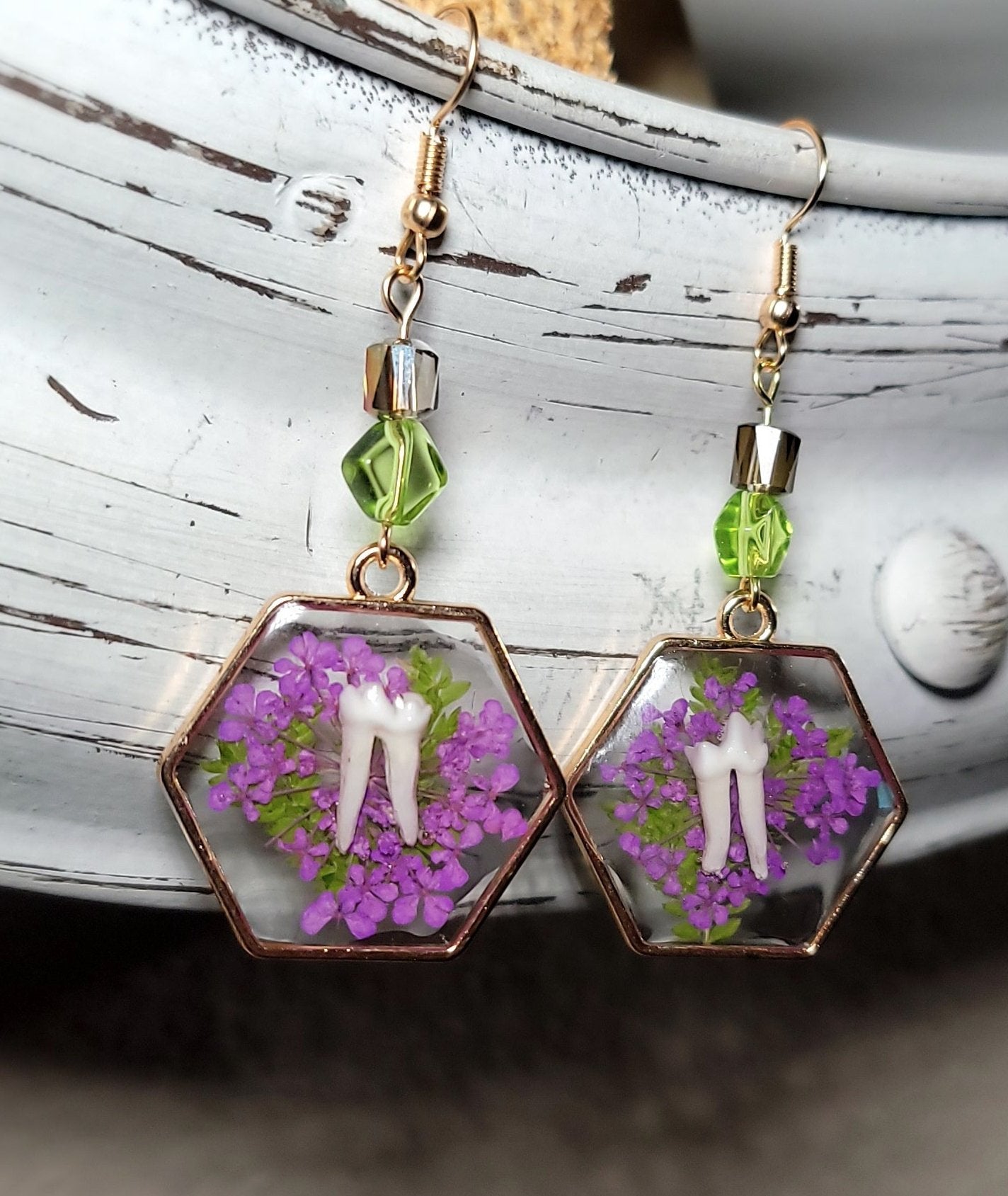 Raccoon Teeth with Purple Floral Earrings