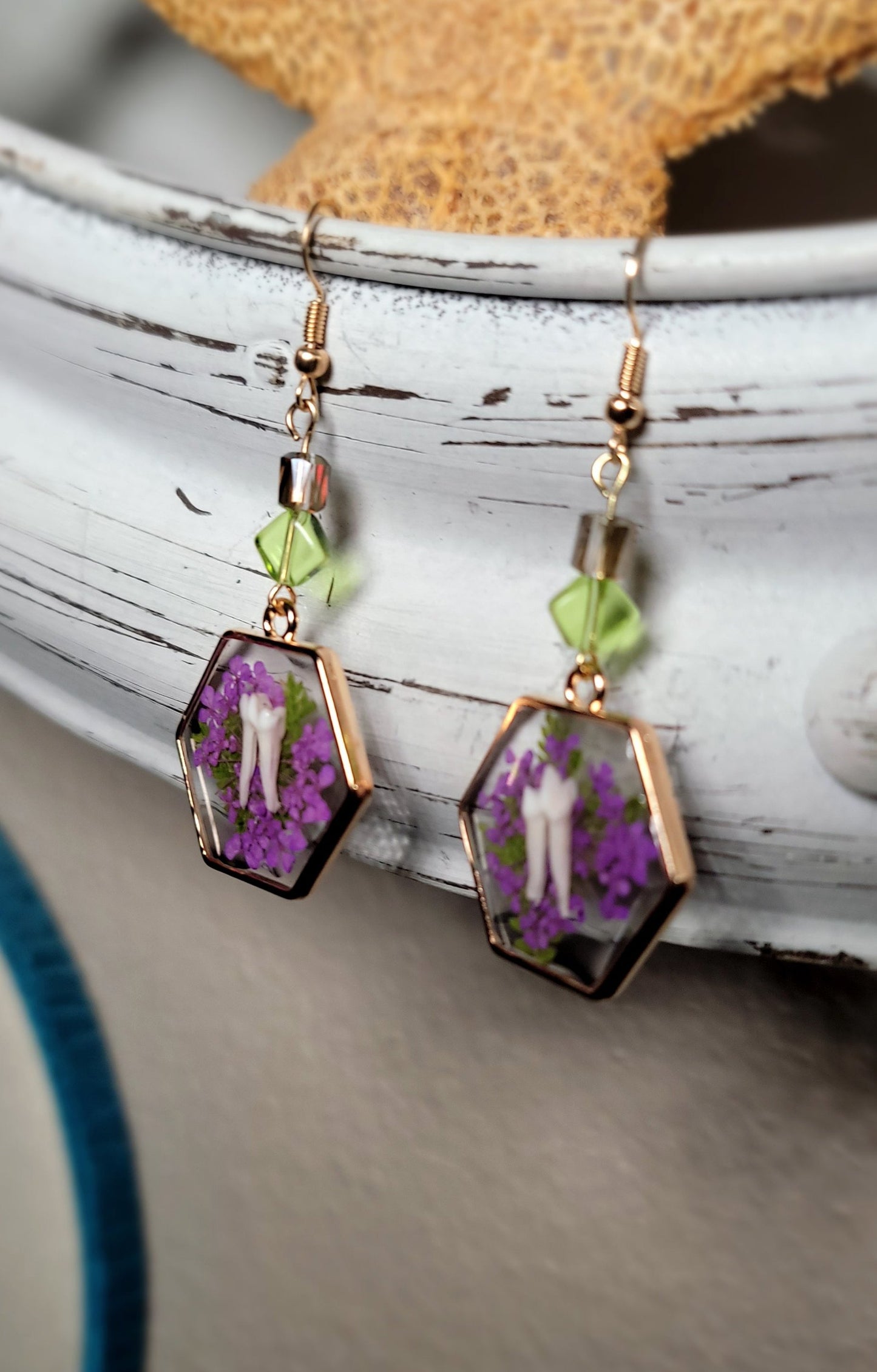 Raccoon Teeth with Purple Floral Earrings