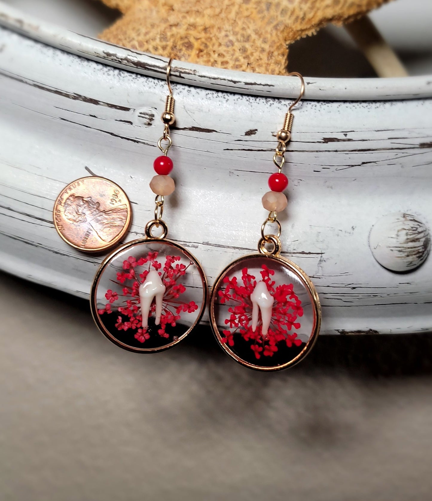 Raccoon Teeth with Red Floral Earrings