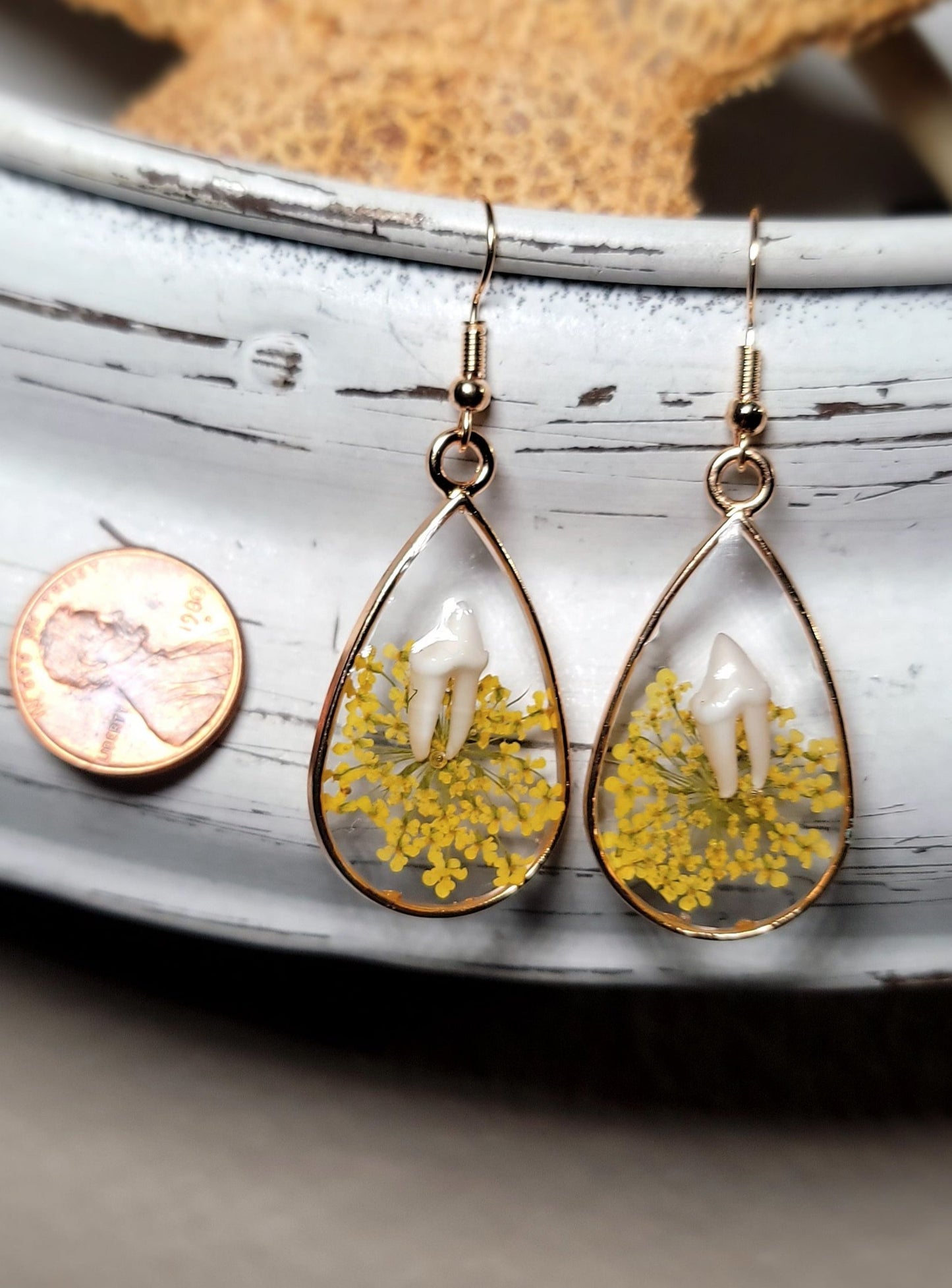 Raccoon Teeth with Yellow Floral Earrings