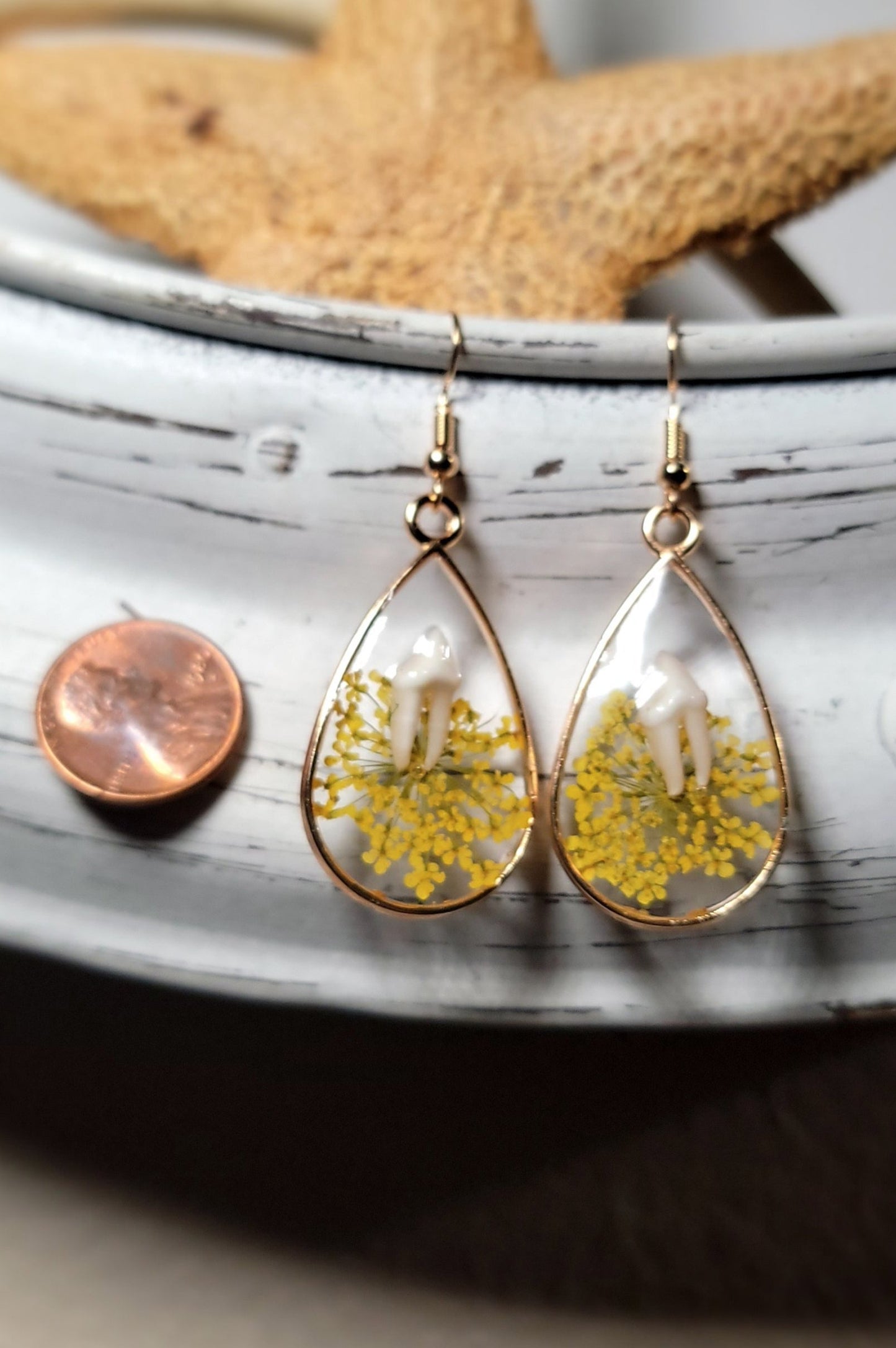 Raccoon Teeth with Yellow Floral Earrings