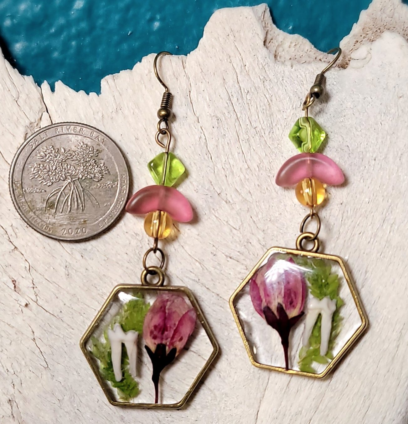 Opossum Teeth and Pink Floral Earrings