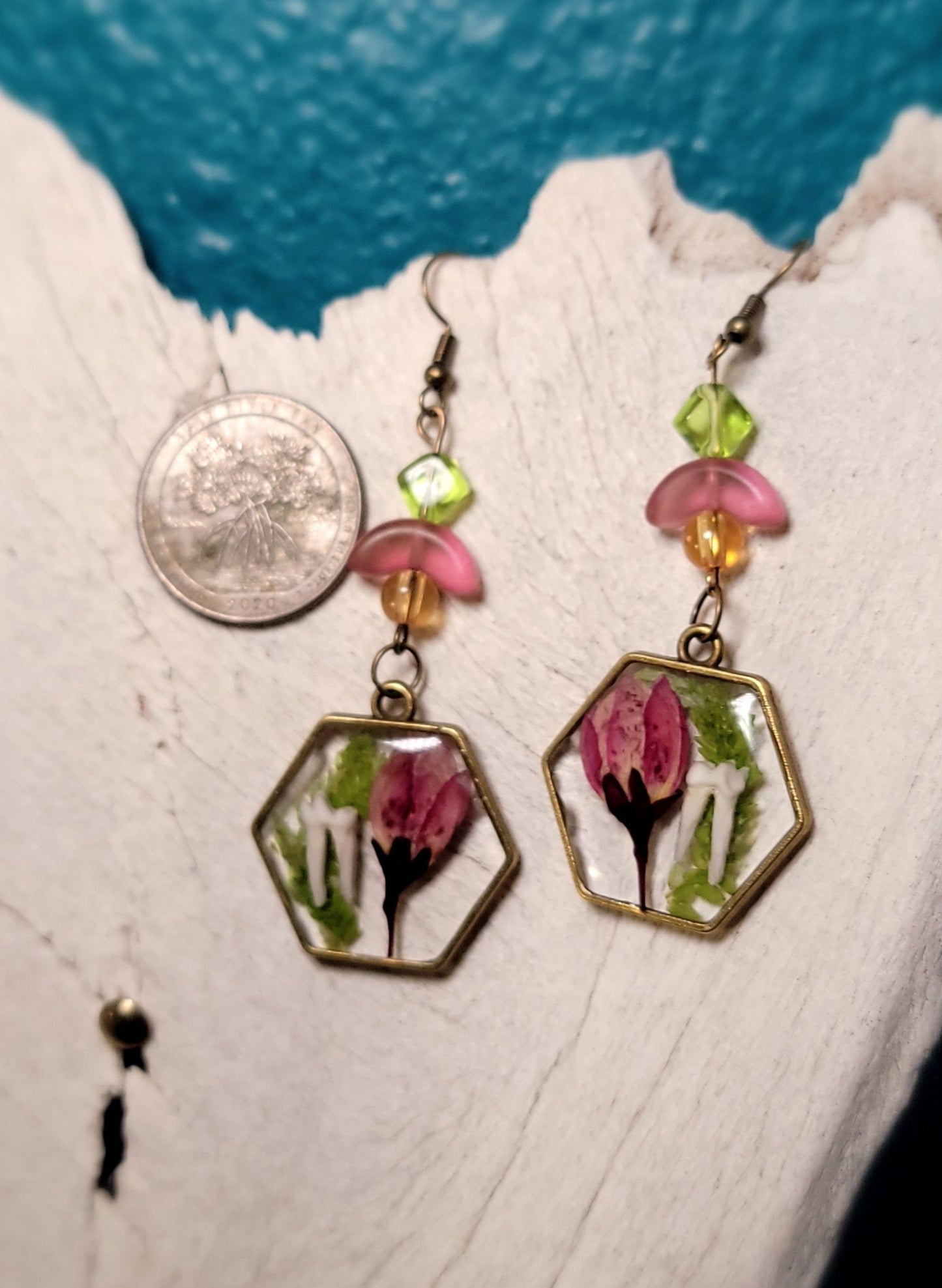 Opossum Teeth and Pink Floral Earrings