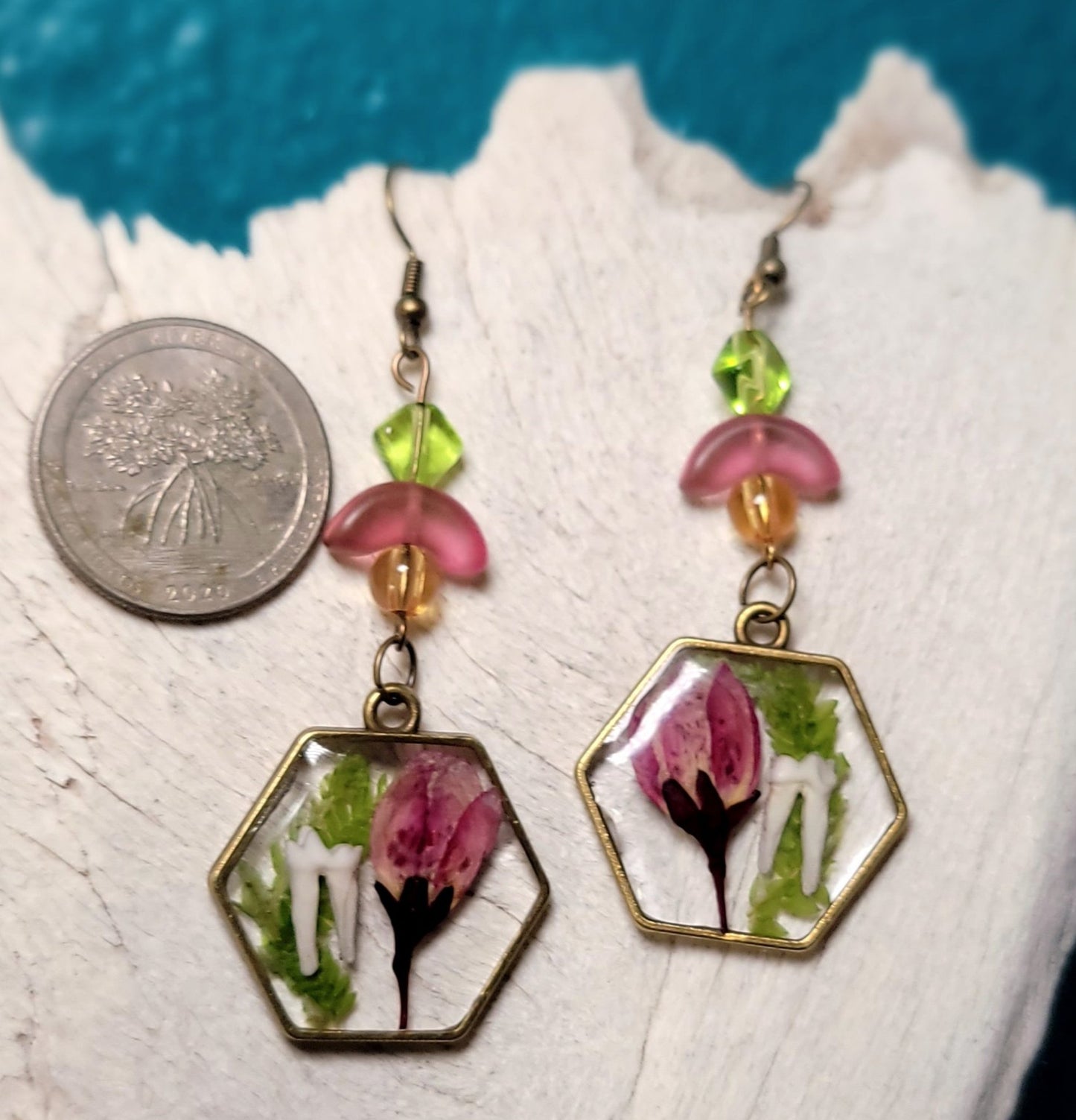 Opossum Teeth and Pink Floral Earrings