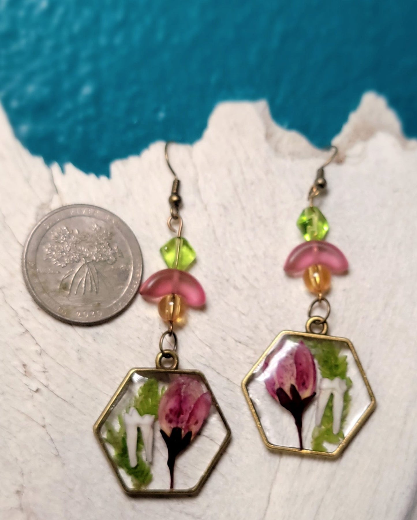 Opossum Teeth and Pink Floral Earrings