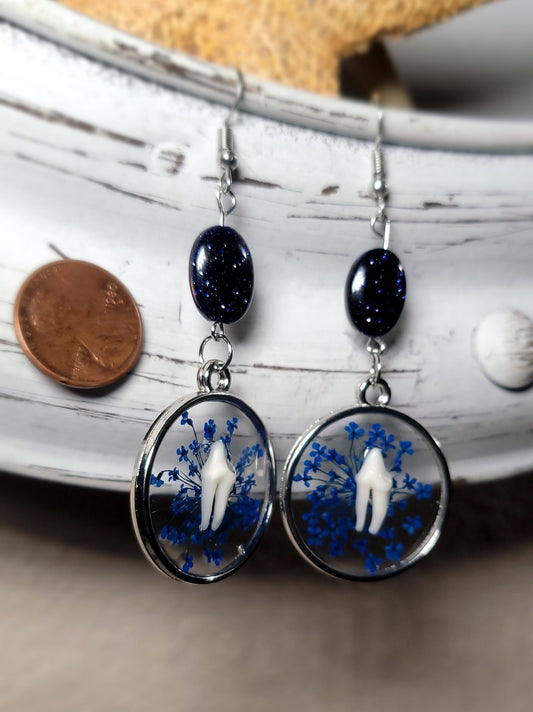 Raccoon Teeth with Dark Blue Floral Earrings