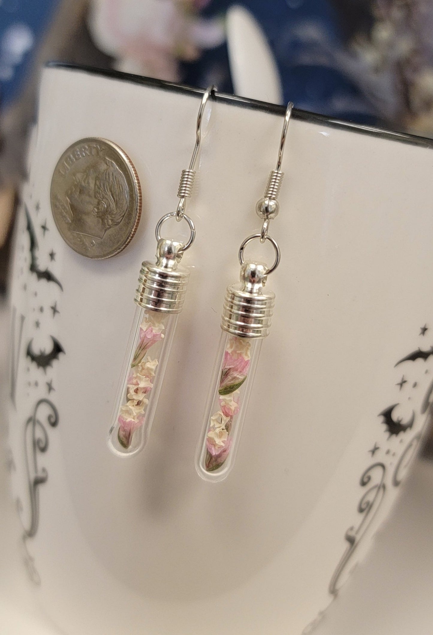 Garter Snake Bones and Pink Floral in Small Vial Earrings