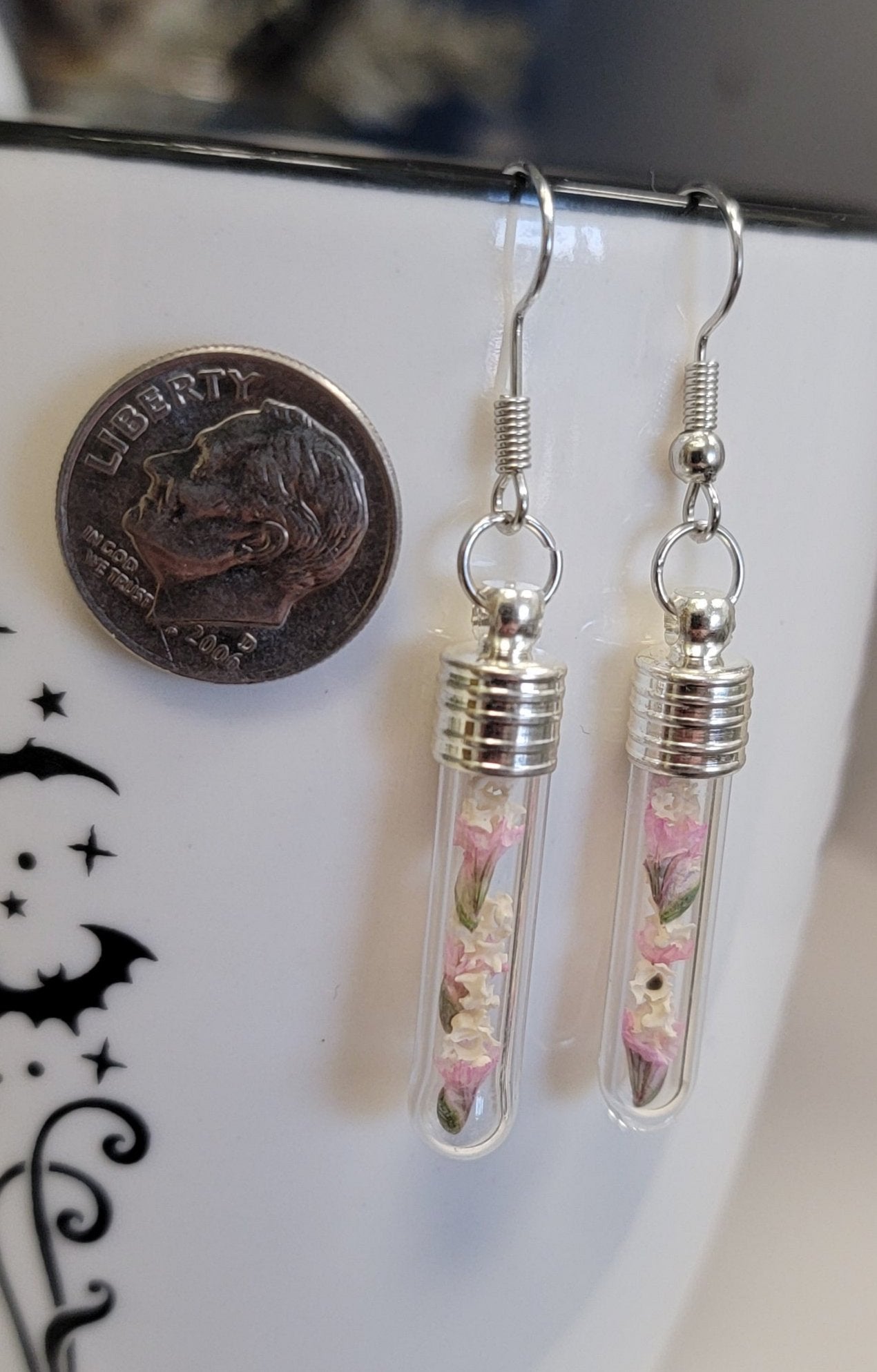 Garter Snake Bones and Pink Floral in Small Vial Earrings