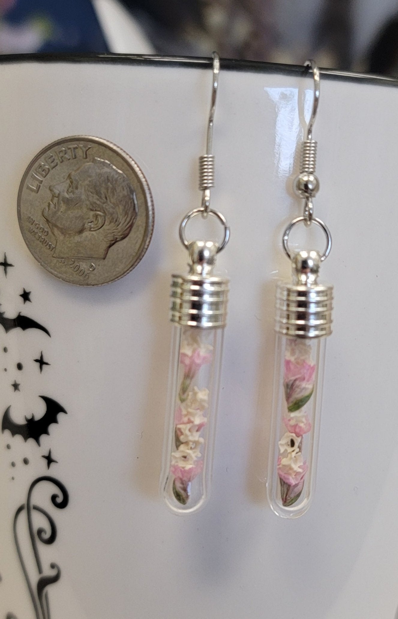 Garter Snake Bones and Pink Floral in Small Vial Earrings