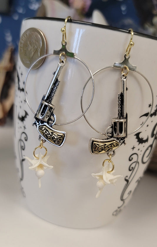 Gold and Silver Pistols with Rattlesnake Bones Earrings