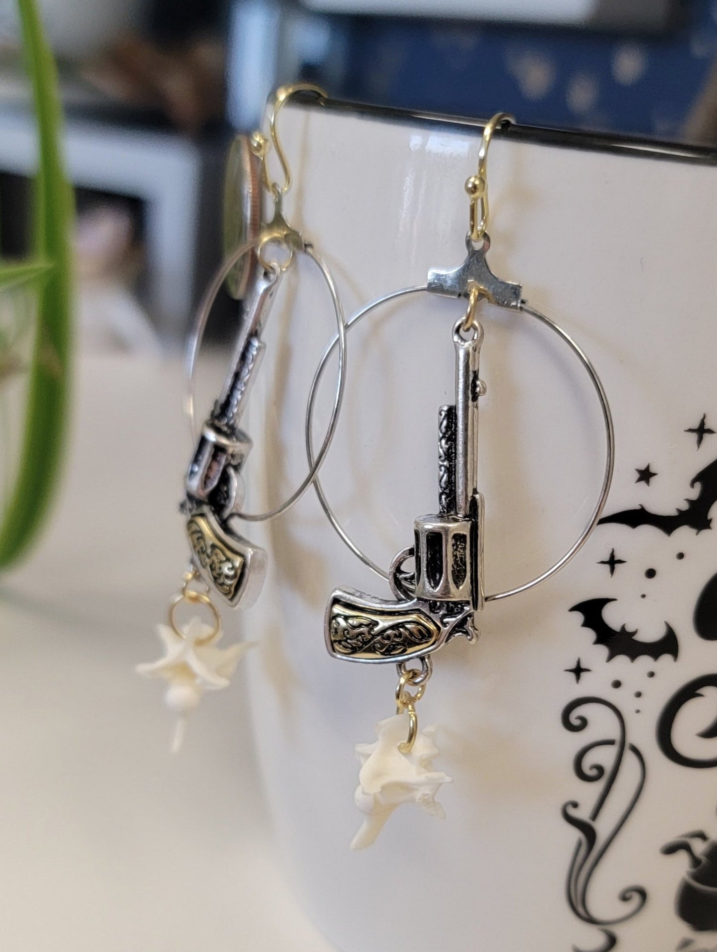 Gold and Silver Pistols with Rattlesnake Bones Earrings