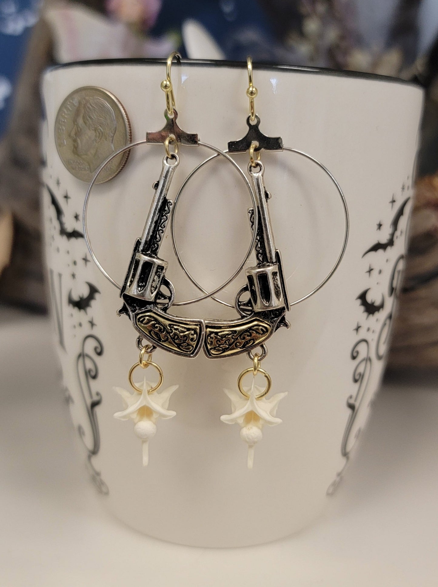 Gold and Silver Pistols with Rattlesnake Bones Earrings