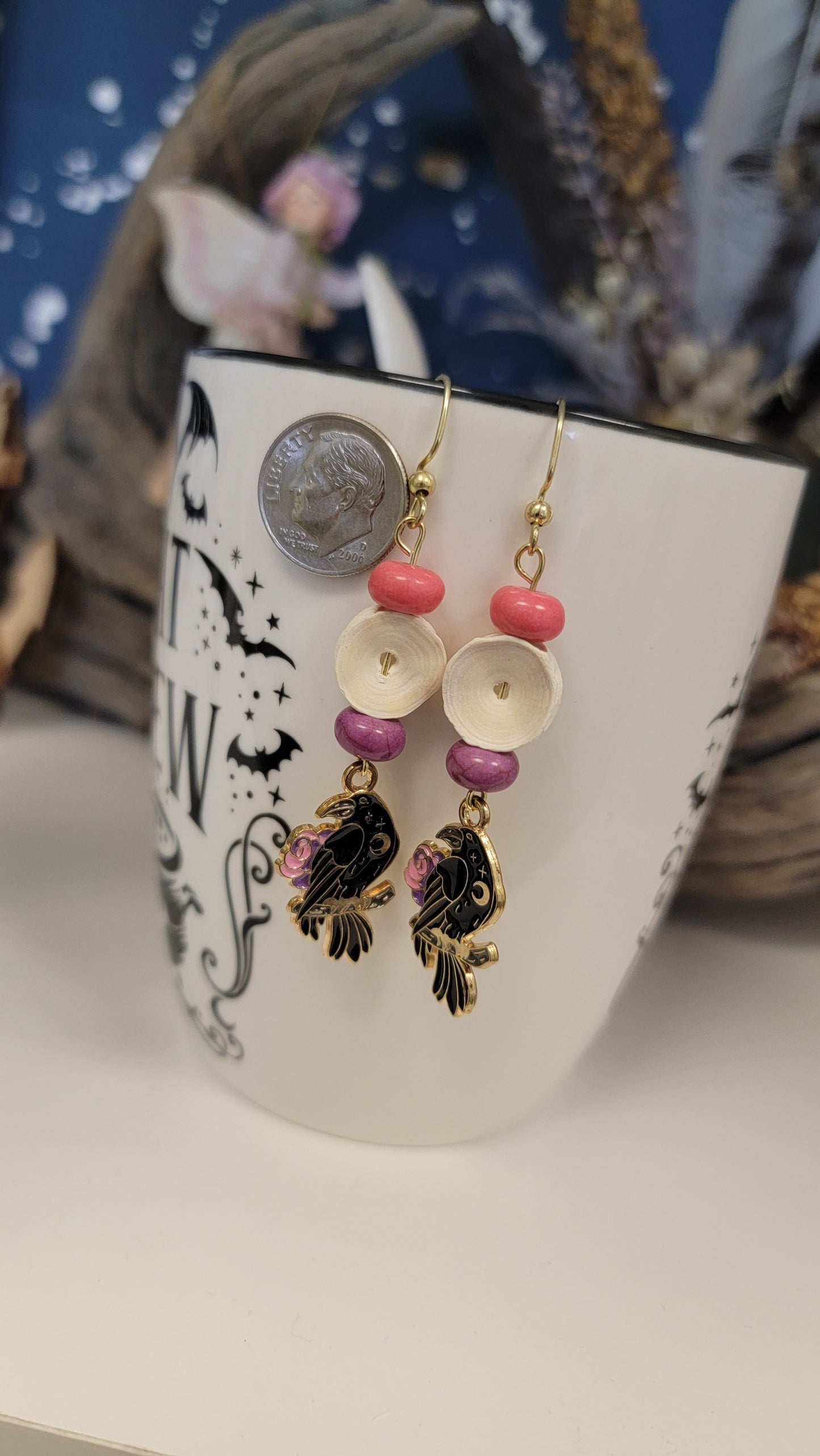 Crow and Floral Fish Bone Earrings