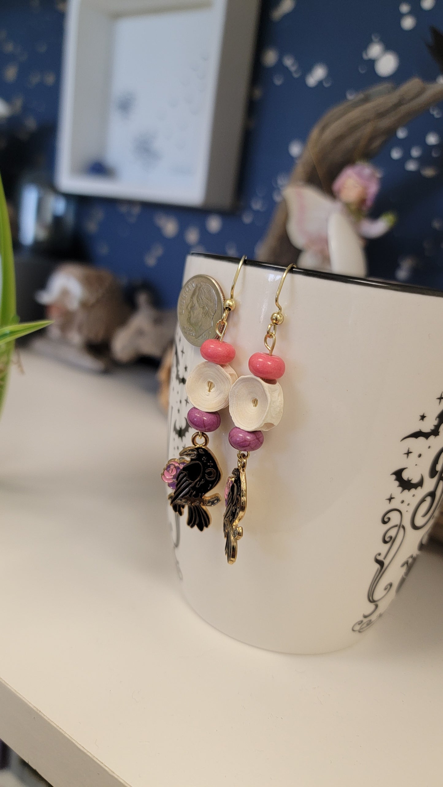 Crow and Floral Fish Bone Earrings