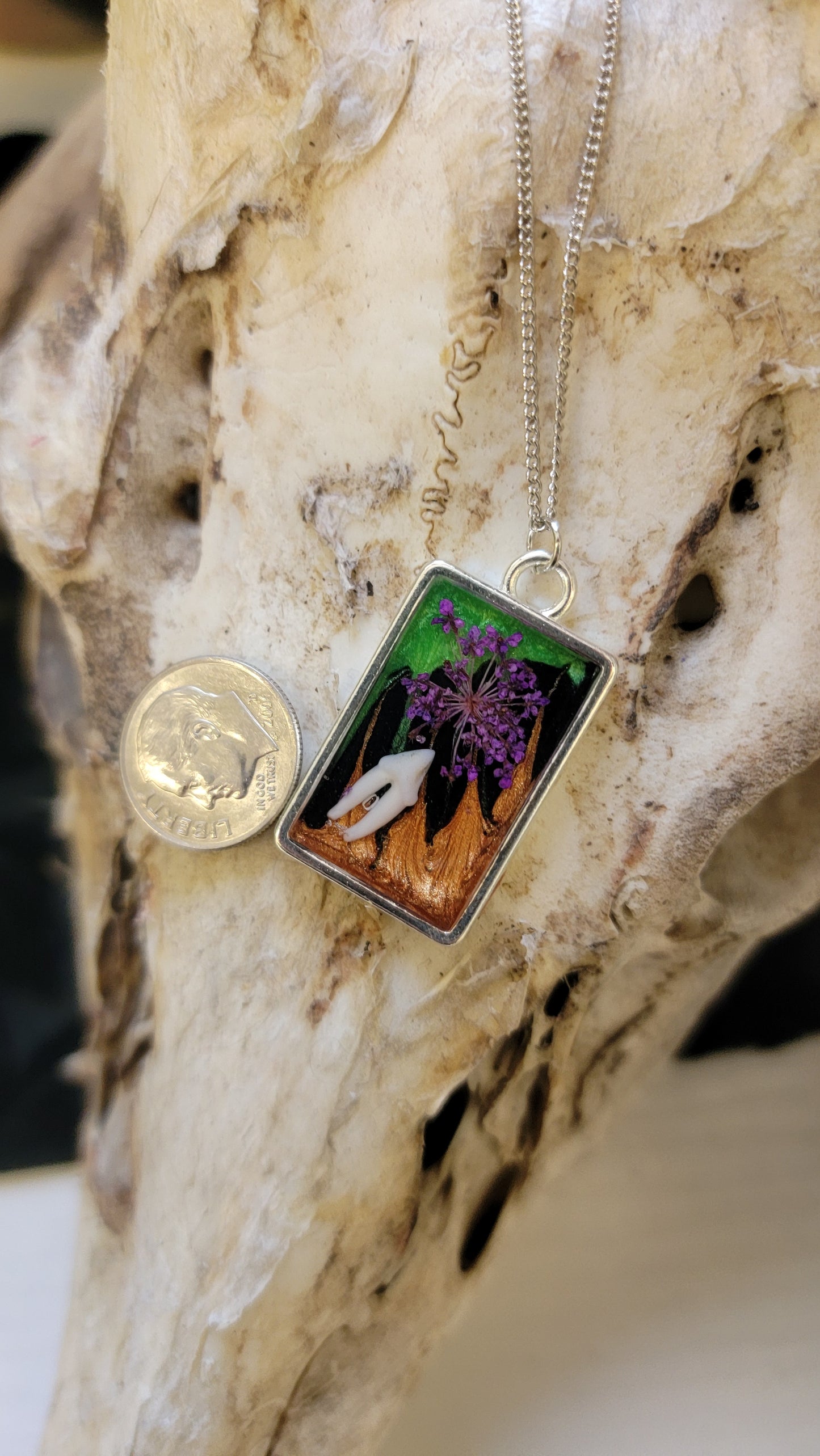 " Raccoon Tooth and Purple Floral " Necklace