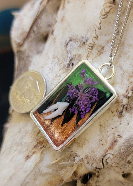 " Raccoon Tooth and Purple Floral " Necklace